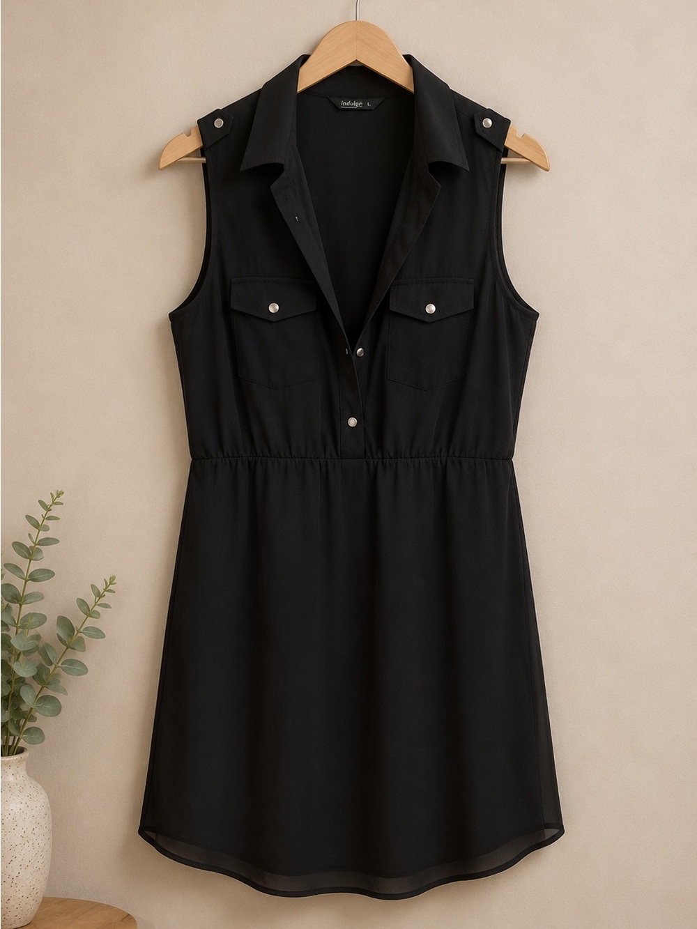 Indulge Black Sleeveless Shirt Dress | Collared V-Neck | Size Large